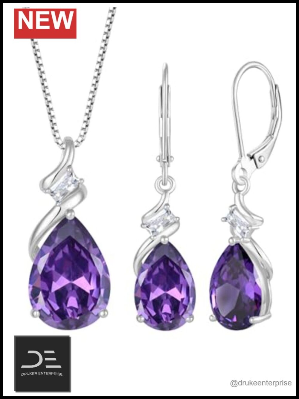 925 Sterling Silver Amethyst Jewelry Set Teardrop Birthstone Necklace Earrings